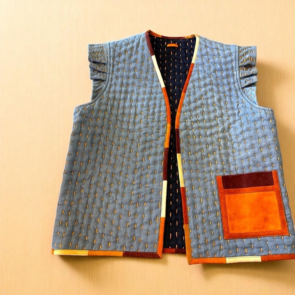 Sessun NWOT SZ Med Chiapello Denium Blue Quilted Vest leather trim‎ reversible - Picture 6 of 14